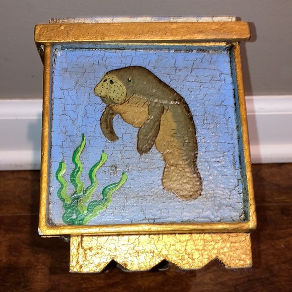 Handpainted Manatees wooden Jewelry / trinket box Peru Hand Jive shabby 8 1/4” - Picture 6 of 12